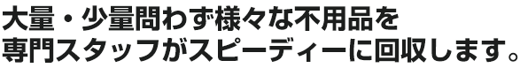 大量・少量問わず様々な不用品を専門スタッフがスピーディーに回収します。